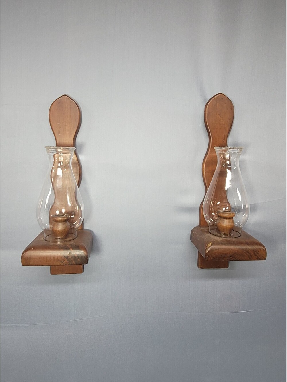 Vintage Wood Wall Sconces Hurricane Glass Candle Holders 18in Cottagecore